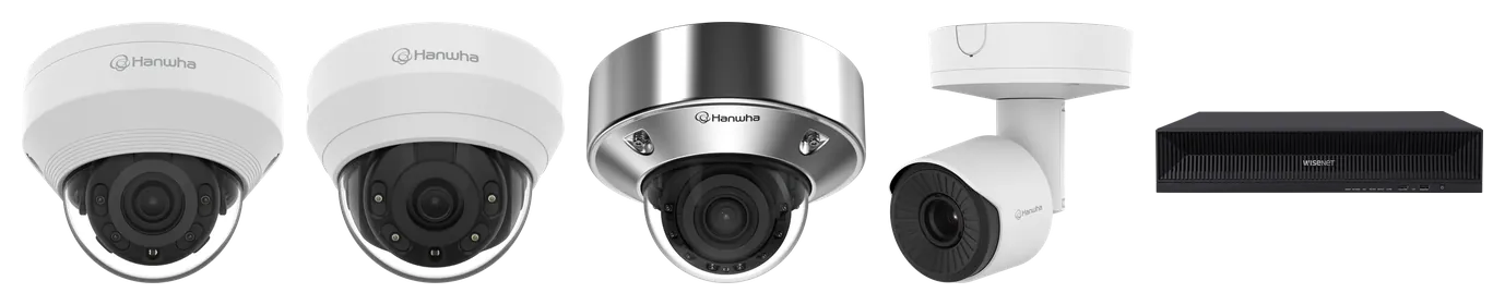 Hanwha IP cameras, from entry dome to thermal bullet, and a network video recorder