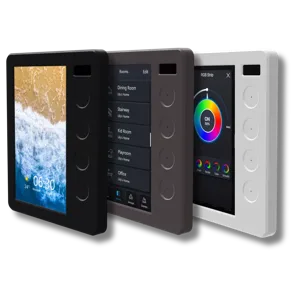 A SAL PIXIE Plus Ambience touch panel in white gloss, matt black and matt grey