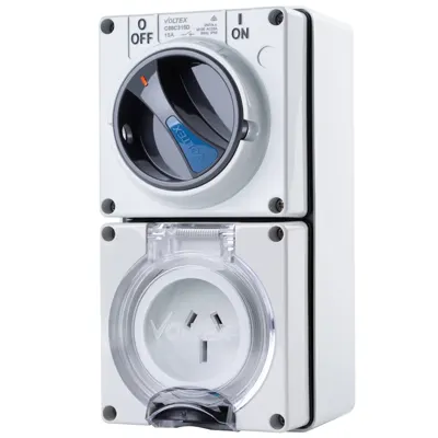 Switched Socket Outlet - IP66 250V 15A - 3 Flat pins Double Pole, Voltex, supplied and installed in Alice Springs