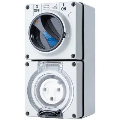 Switched Socket Outlet - IP66 250V 20A - 3 Round pins Double Pole, Voltex, supplied and installed in Alice Springs