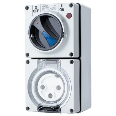 Switched Socket Outlet - IP66 250V 32A - 3 Round pins Double Pole- With Neon, Voltex, supplied and installed in Alice Springs