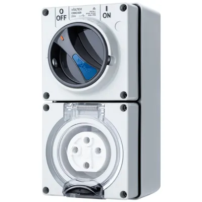 Switched Socket Outlet - IP66 500V 20A - 4 Round pins, Voltex, supplied and installed in Alice Springs