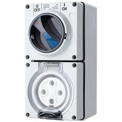 Switched Socket Outlet - IP66 500V 50A - 4 Round pins, Voltex, supplied and installed in Alice Springs