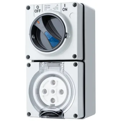 Switched Socket Outlet - IP66 500V 50A - 5 Round pins, Voltex, supplied and installed in Alice Springs