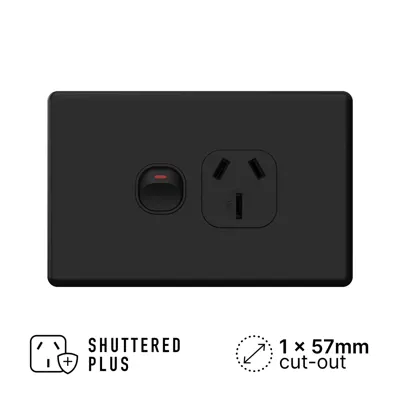 Classic Matte Black Single Power Outlet 250V 15A, Voltex, supplied and installed in Alice Springs