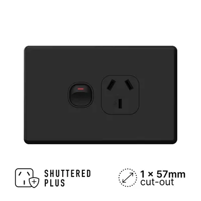Classic Matte Black Single Power Outlet 250V 10A, Voltex, supplied and installed in Alice Springs