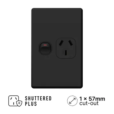 Classic Matte Black Vertical Single Power Outlet 250V 10A, Voltex, supplied and installed in Alice Springs