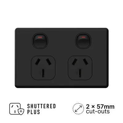 Classic Matte Black Double Power Outlet 250V 15A, Voltex, supplied and installed in Alice Springs