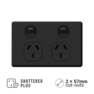 Classic Matte Black Double Power Outlet 250V 10A, Voltex, supplied and installed in Alice Springs