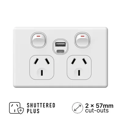 Classic Double Power Outlet 250V 10A with A and C-type USB Outlet, Voltex, supplied and installed in Alice Springs