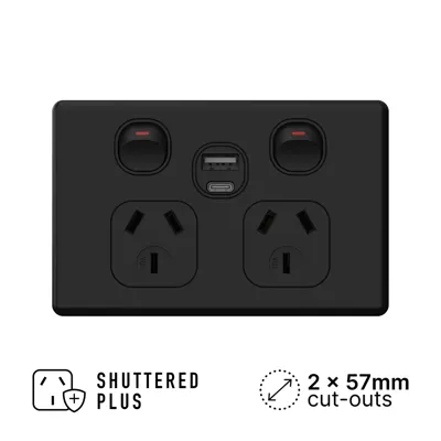 Classic Matte Black Double Power Outlet 250V 10A with A and C-type USB Outlet, Voltex, supplied and installed in Alice Springs