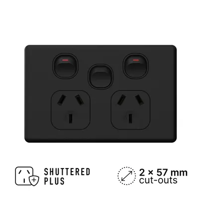 Classic Matte Black Double Power Outlet with Extra Switch 250V 10A, Voltex, supplied and installed in Alice Springs