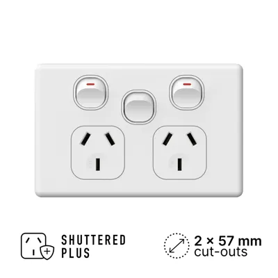 Classic Double Power Outlet with Extra Switch 250V 10A, Voltex, supplied and installed in Alice Springs