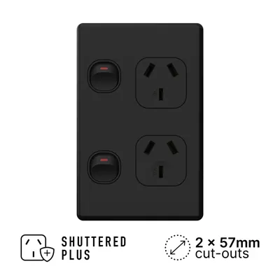 Classic Vertical Matte Black Double Power Outlet 250V 10A, Voltex, supplied and installed in Alice Springs