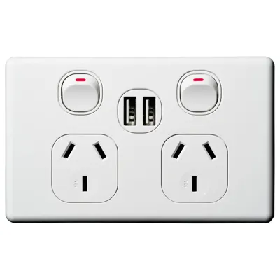 Classic Double Power Outlet 250V 10A & 2 x 2.1 A USB Outlet, Voltex, supplied and installed in Alice Springs