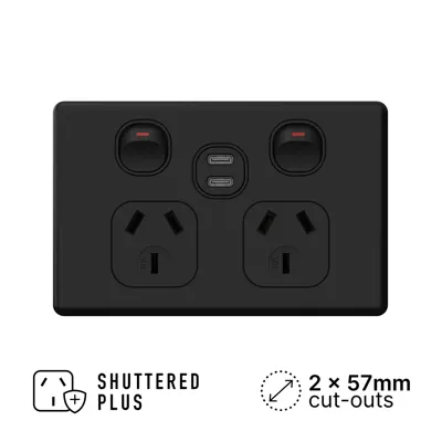[COMING SOON] Classic Matte Black Double Power Outlet 250V 10A with 2 x C-type USB Outlets Shuttered, Voltex, supplied and installed in Alice Springs