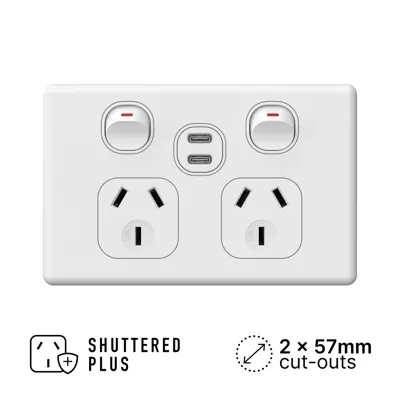 [COMING SOON] Classic Double Power Outlet 250V 10A with 2 x C-type USB Outlets Shuttered, Voltex, supplied and installed in Alice Springs