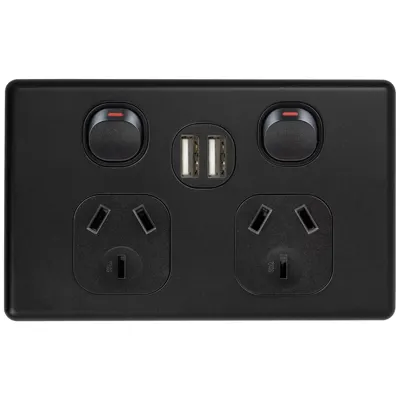 Classic Matte Black Double Power Outlet 250V~ 10A & 2 x 2.1 A USB Outlets, Voltex, supplied and installed in Alice Springs