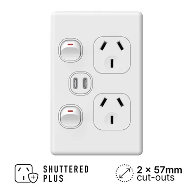 [COMING SOON] Classic Double Power Outlet 250V 10A with 2 x C-type USB Outlets Vertical Shuttered, Voltex, supplied and installed in Alice Springs