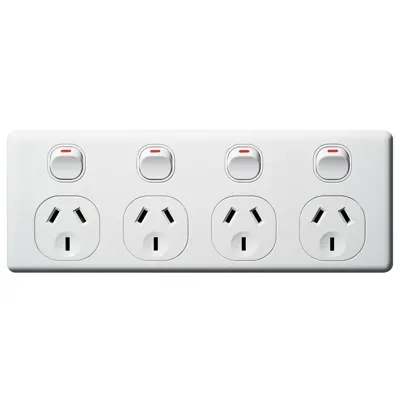 Classic Four Gang Horizontal Power Outlet Double Pole 250V 10A, Voltex, supplied and installed in Alice Springs