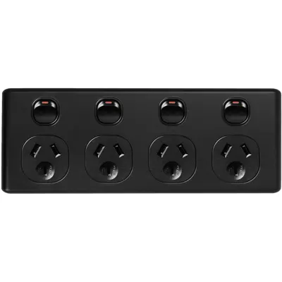 Classic Matte Black Four Gang Horizontal Power Outlet Double Pole 250V 10A, Voltex, supplied and installed in Alice Springs