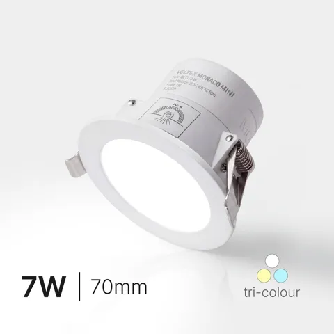 Monaco MINI 7W - IP44 Integrated Driver LED Downlight - CCT Tricolour - 70mm cutout, Voltex, supplied and installed in Alice Springs