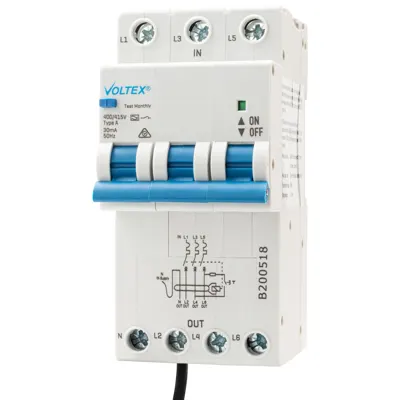 Three Module RCBO 3P+N 6kA C-Curve 30mA with Neutral Lead Type A, Voltex, supplied and installed in Alice Springs