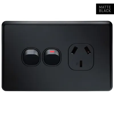 Shadowline Matte Black Single Power Outlet with Extra Switch 250V 10A, Voltex, supplied and installed in Alice Springs