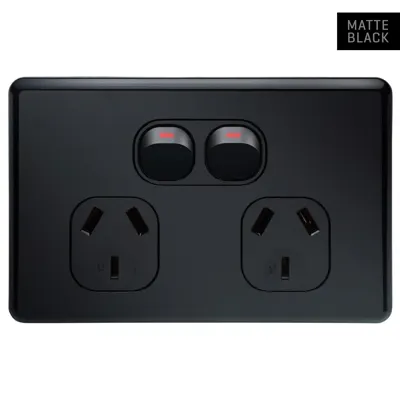 Shadowline Matte Black Double Power Outlet 250V 10A, Voltex, supplied and installed in Alice Springs
