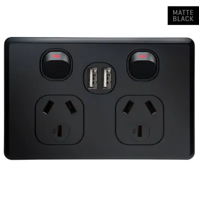 Shadowline Matte Black Double Power Outlet 250V~ 10A & 2 x 2.1 A USB Outlets, Voltex, supplied and installed in Alice Springs
