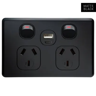 Shadowline Matte Black Double Power Outlet 250V 10A with A and C-type USB Outlet, Voltex, supplied and installed in Alice Springs