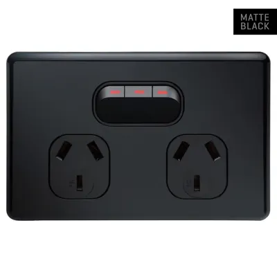 Shadowline Matte Black Double Power Outlet with Extra Switch 250V 10A, Voltex, supplied and installed in Alice Springs