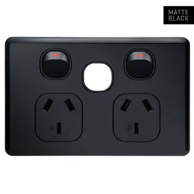 Shadowline Matte Black Double Power Outlet 250V 10A with Extra Switch Provision, Voltex, supplied and installed in Alice Springs