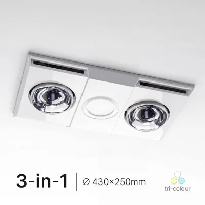 3 in 1 White Bathroom Heater - Tricolour LED - 2 x 275W, Voltex, supplied and installed in Alice Springs