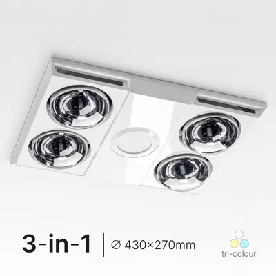 3 in 1 White Bathroom Heater - Tricolour LED - 4 x 275W, Voltex, supplied and installed in Alice Springs