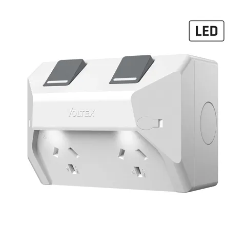 Weatherproof Double Outlet - IP54 - 10A with LED, Voltex, supplied and installed in Alice Springs