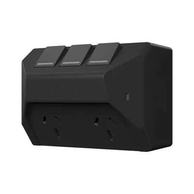 Weatherproof Double Outlet With Extra Switch - IP54 - 10A - Matte Black, Voltex, supplied and installed in Alice Springs